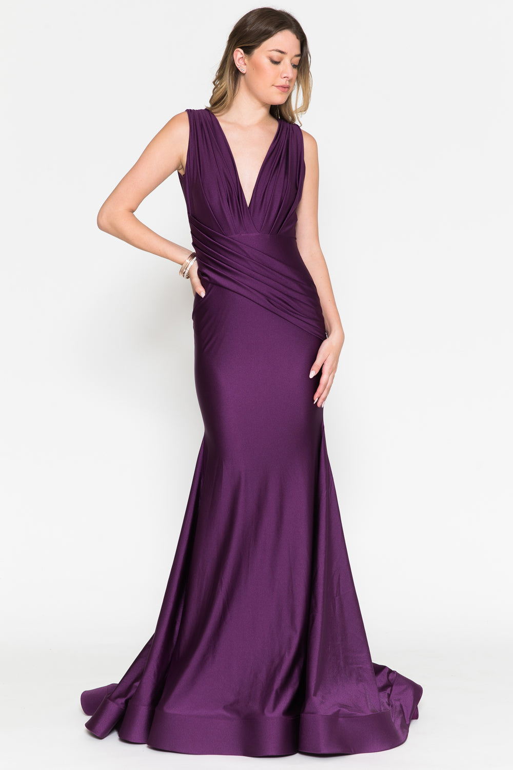 Sleeveless Bridesmaid Mermaid Gown Ruched Design & V-Neckline AC370-1