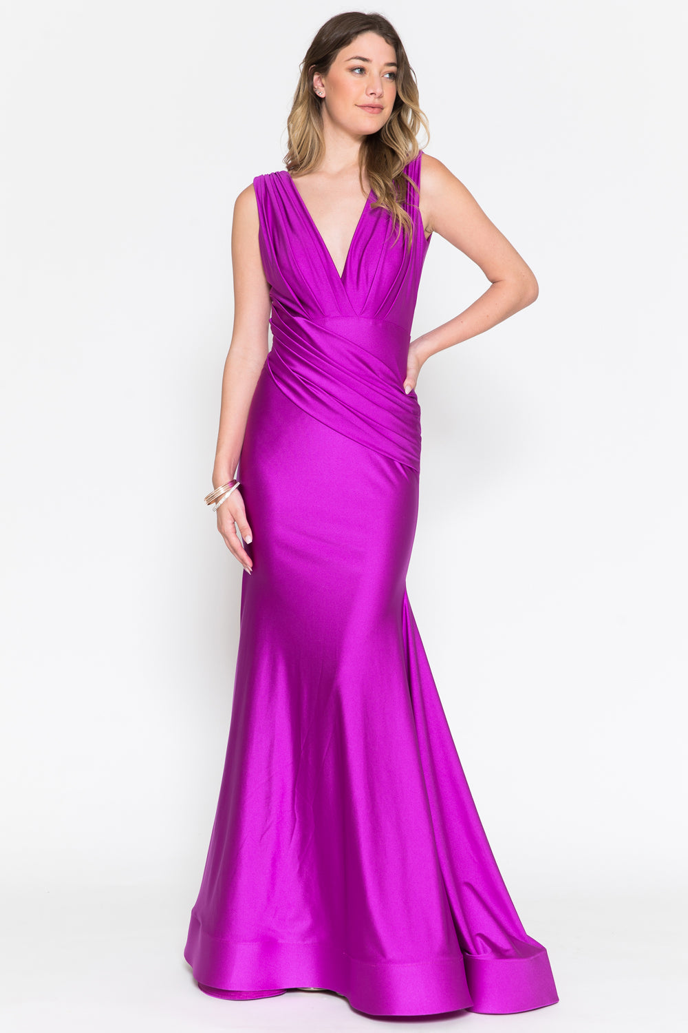Sleeveless Bridesmaid Mermaid Gown Ruched Design & V-Neckline AC370-1