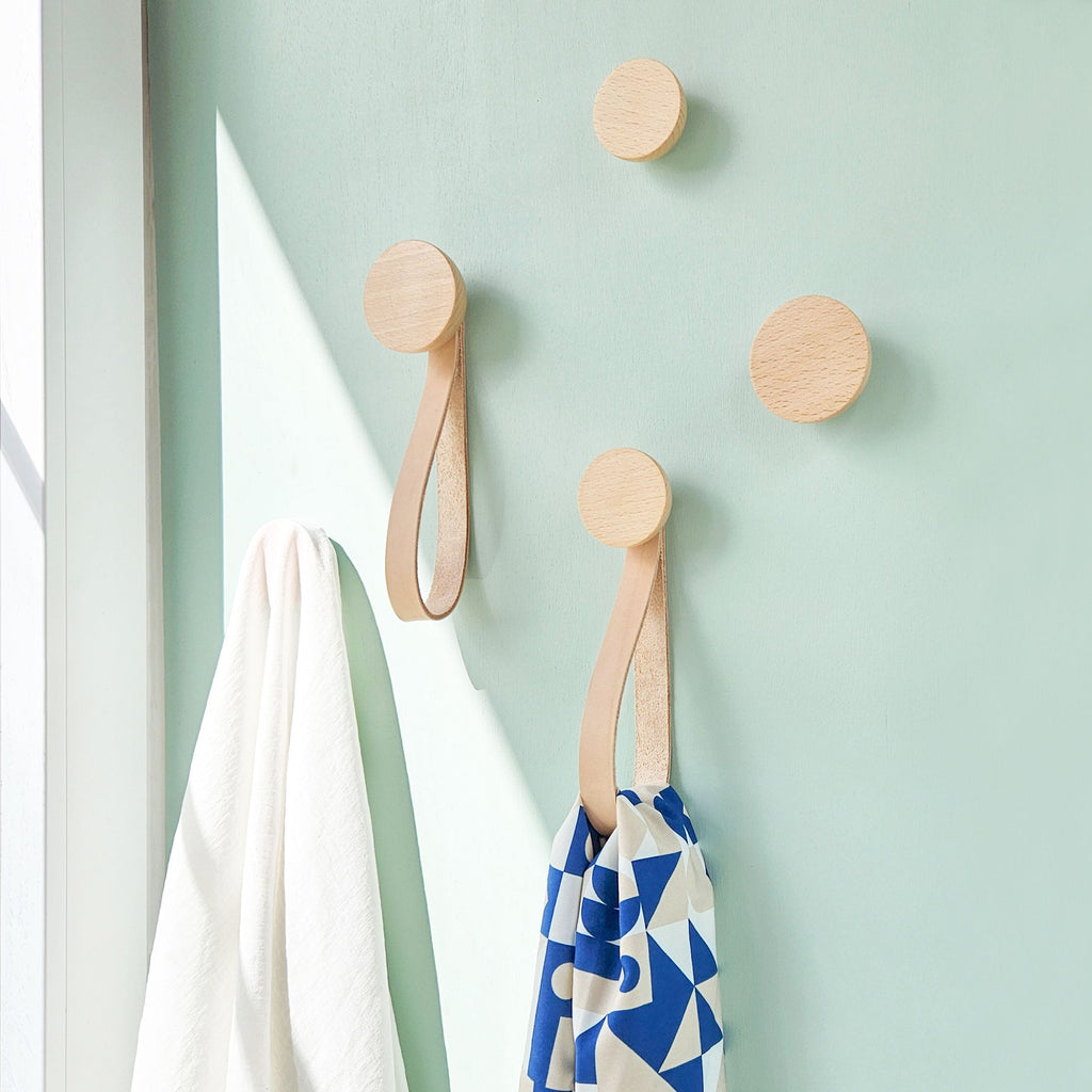 Set of Hooks - Round Beech Wood Wall Mounted Coat Hook / Hanger with Leather Strap