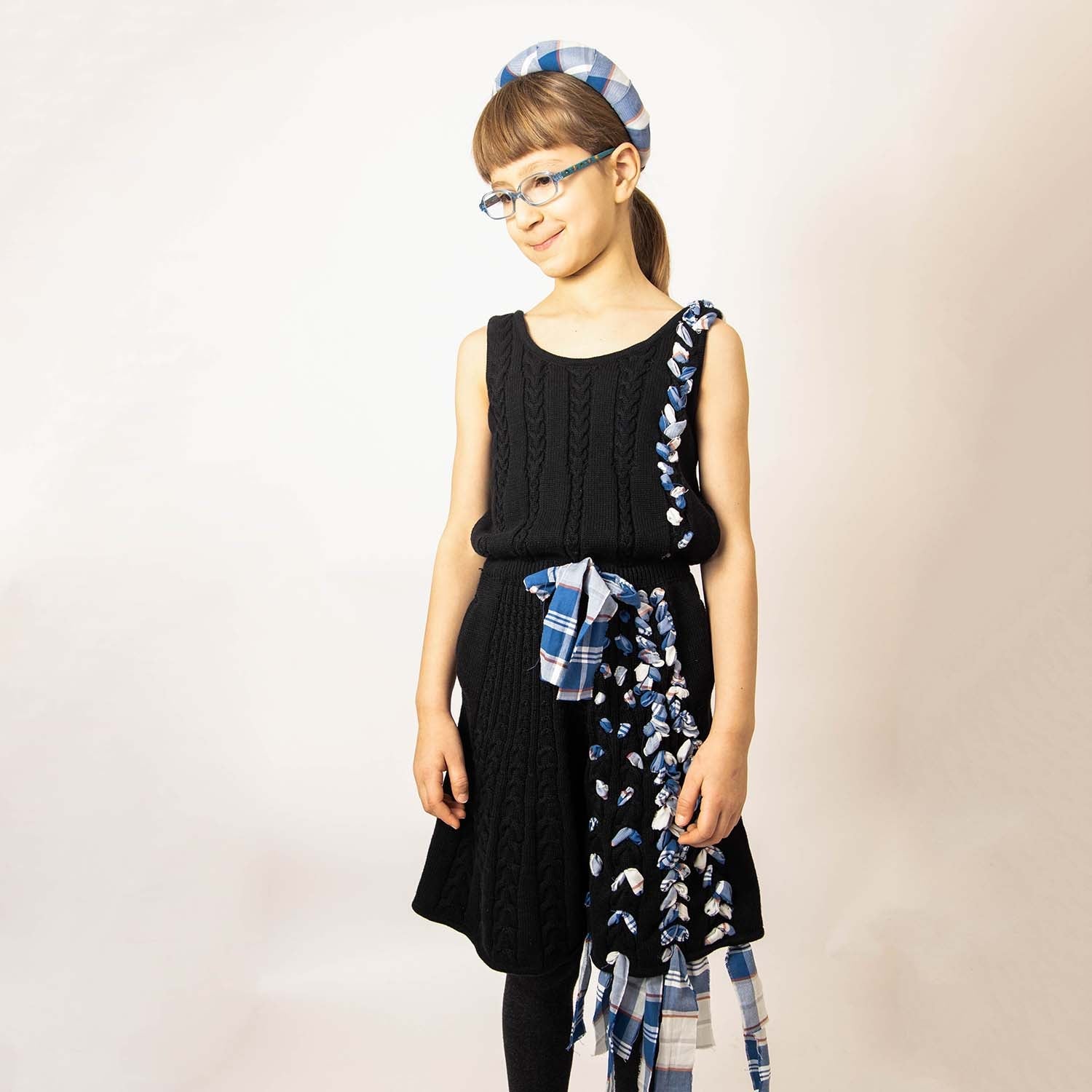 Girls Black Cable Knit Dress with Blue Tartan Details