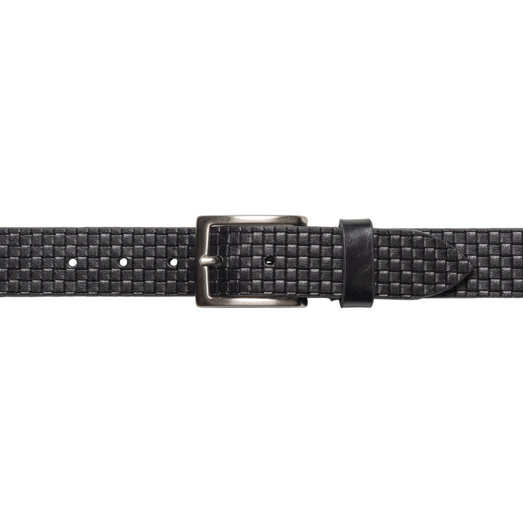 RB4028A | Men's Belt with Allover Print, Made in Italy in Genuine Vegetable-Tanned Leather. Satin Silver-Finish Buckle. Black. Dimensions: 125 x 3.5 x 0.5 cm (waistline 110 cm).