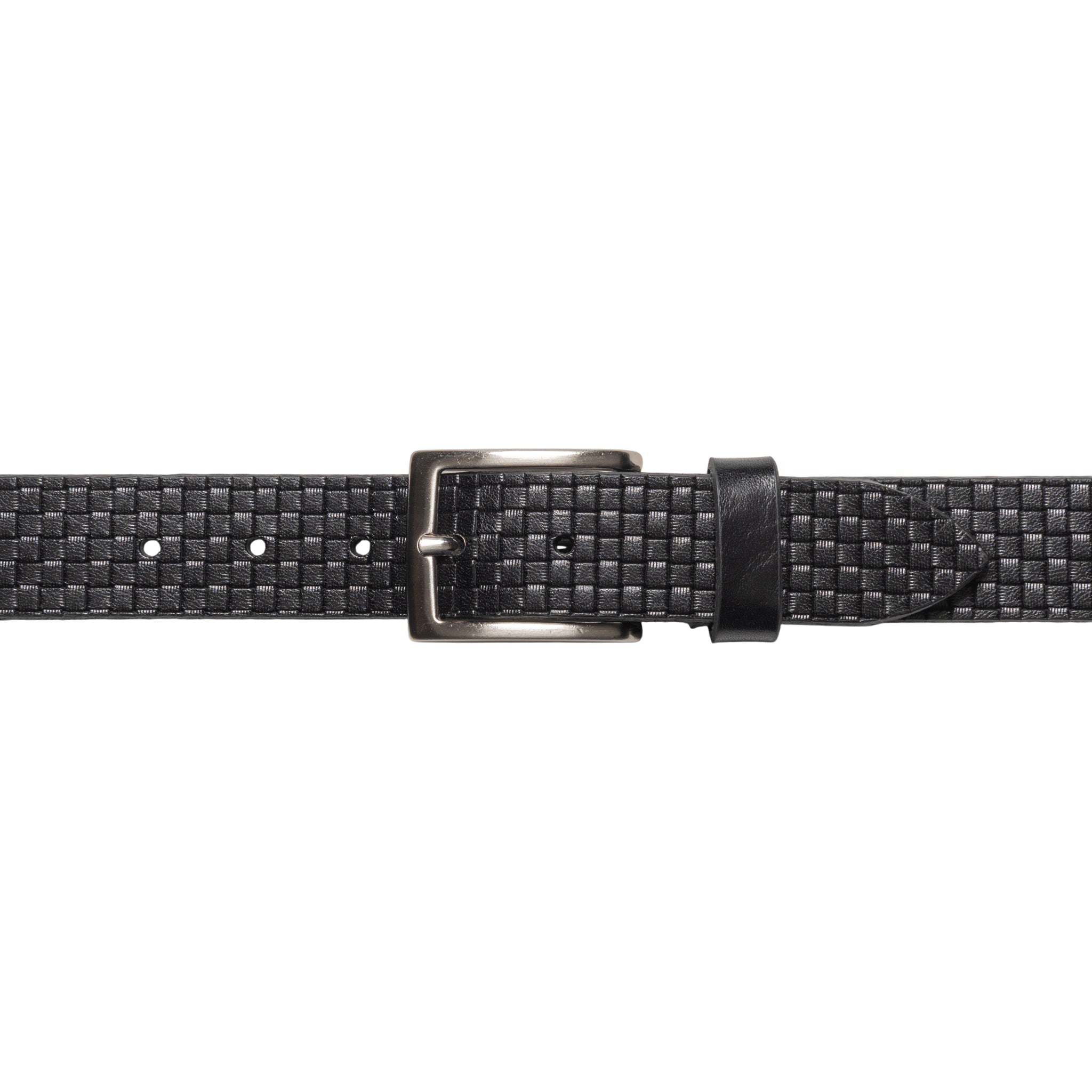 RB4028A | Men's Belt with Allover Print, Made in Italy in Genuine Vegetable-Tanned Leather. Satin Silver-Finish Buckle. Black. Dimensions: 125 x 3.5 x 0.5 cm (waistline 110 cm).
