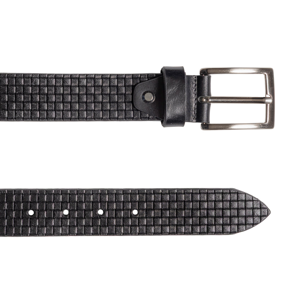 RB4028A | Men's Belt with Allover Print, Made in Italy in Genuine Vegetable-Tanned Leather. Satin Silver-Finish Buckle. Black. Dimensions: 125 x 3.5 x 0.5 cm (waistline 110 cm).