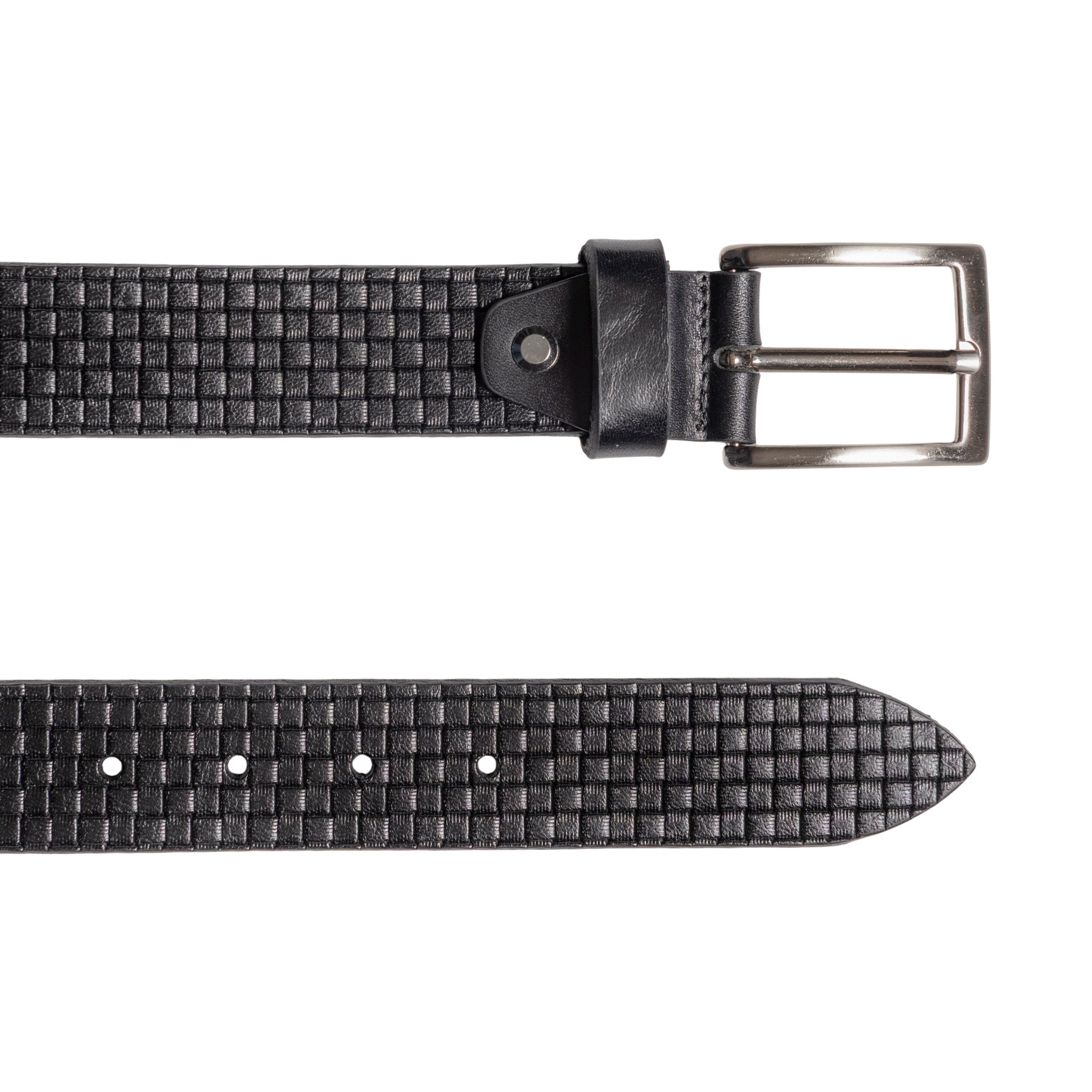 RB4028A | Men's Belt with Allover Print, Made in Italy in Genuine Vegetable-Tanned Leather. Satin Silver-Finish Buckle. Black. Dimensions: 125 x 3.5 x 0.5 cm (waistline 110 cm).