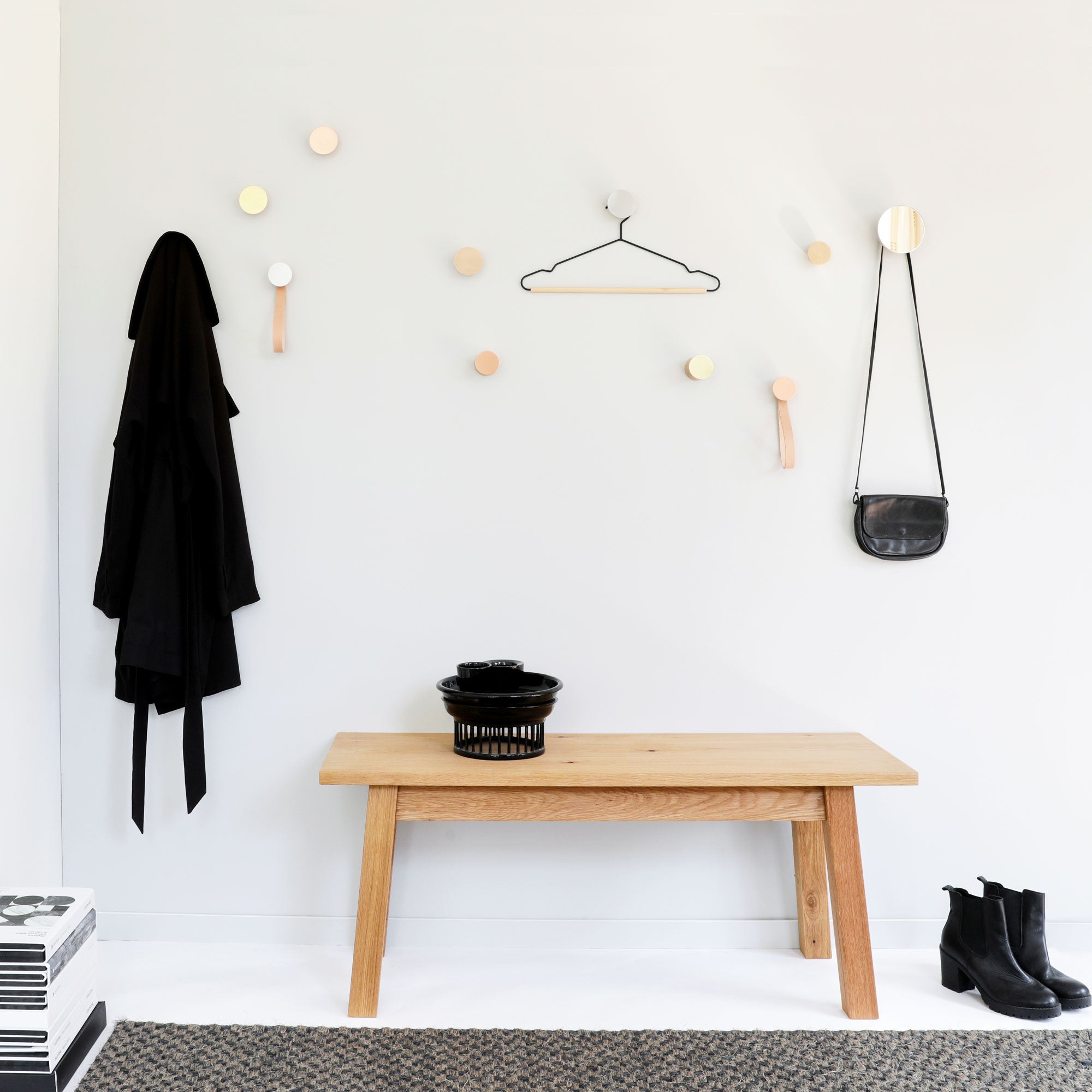 Round Beech Wood & Copper Wall Mounted Coat Hook / Hanger with Leather Strap