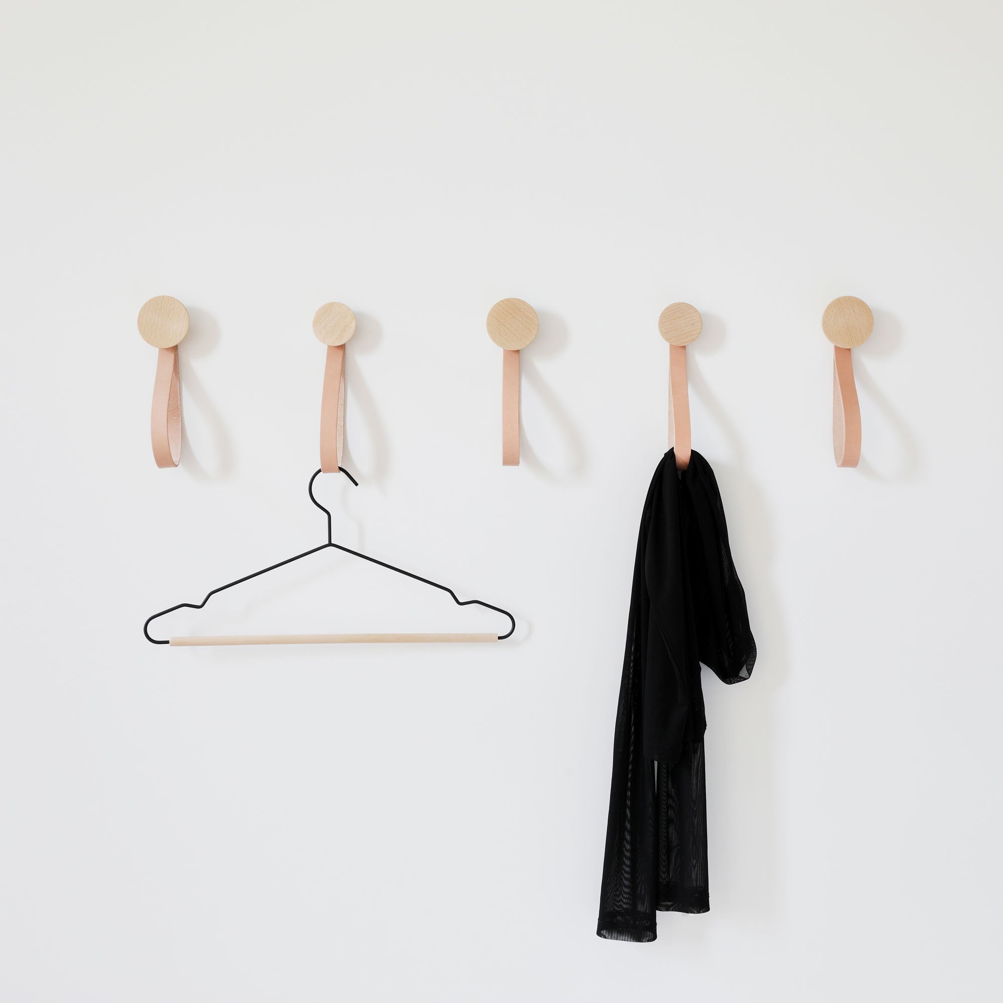 Set of Hooks - Round Beech Wood Wall Mounted Coat Hook / Hanger with Leather Strap