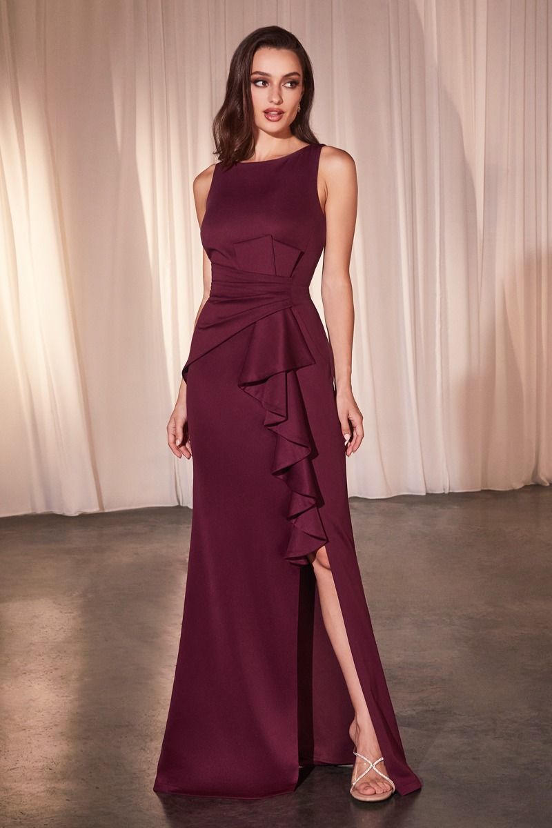 Elegant Sleeveless Burgundy Ruffle Evening Gown with Side Slit