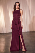 Elegant Sleeveless Burgundy Ruffle Evening Gown with Side Slit