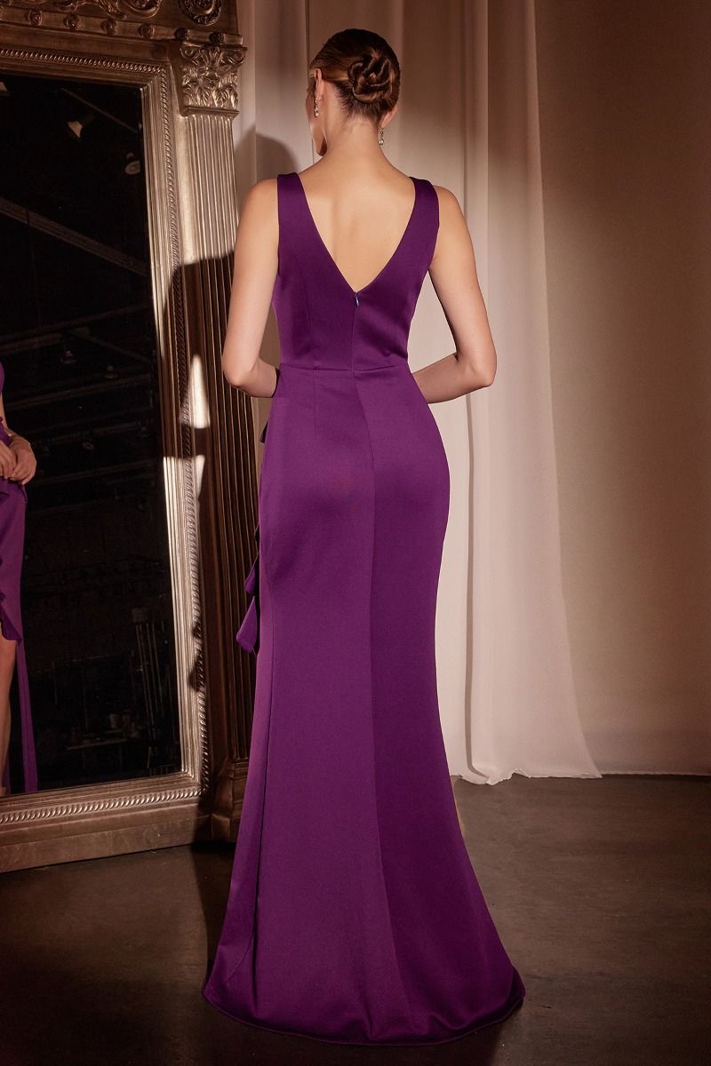 Elegant Sleeveless Burgundy Ruffle Evening Gown with Side Slit