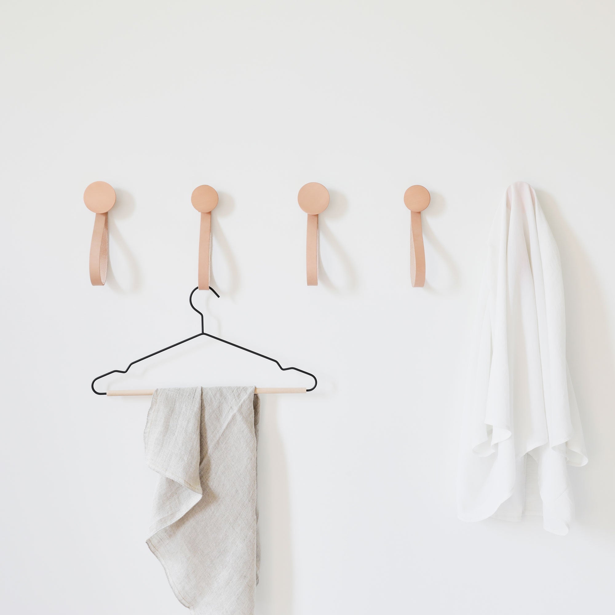 Round Beech Wood & Copper Wall Mounted Coat Hook / Hanger with Leather Strap