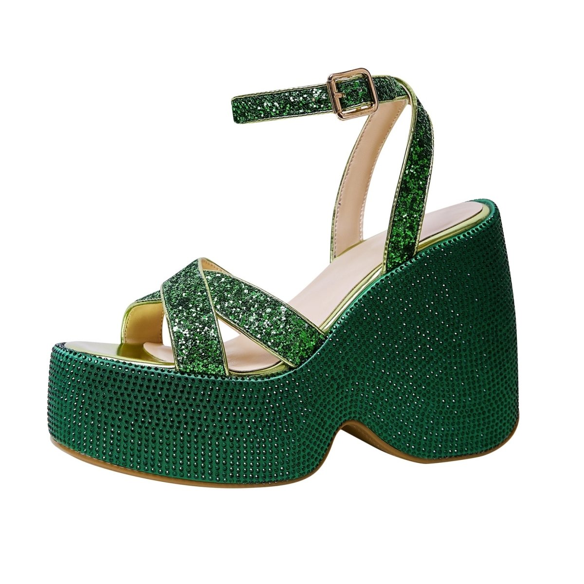 Festive Green Rhinestone Open Toe Wedge Sandals