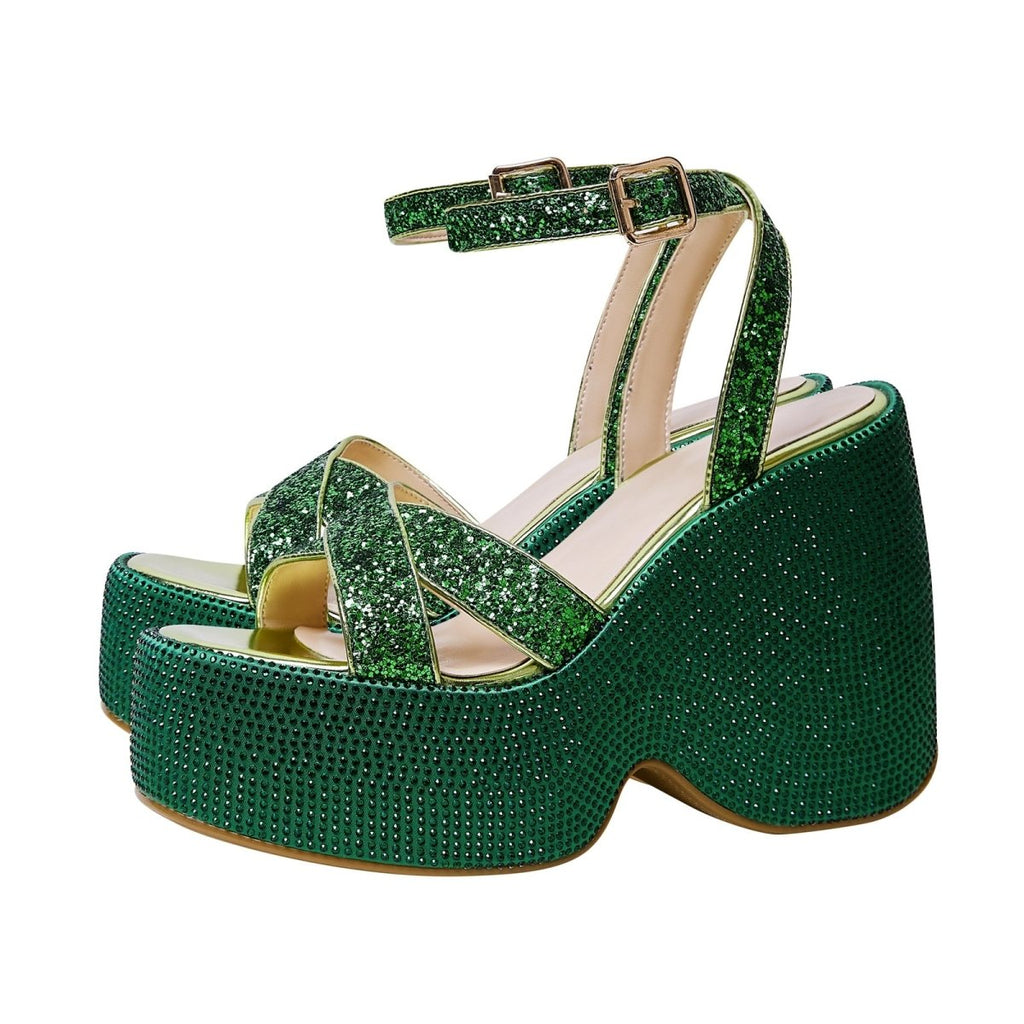 Festive Green Rhinestone Open Toe Wedge Sandals