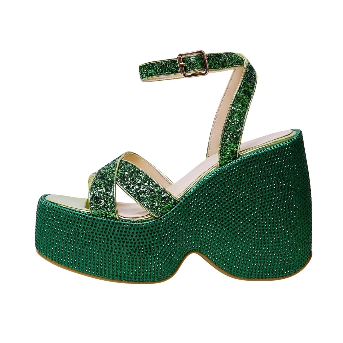 Festive Green Rhinestone Open Toe Wedge Sandals