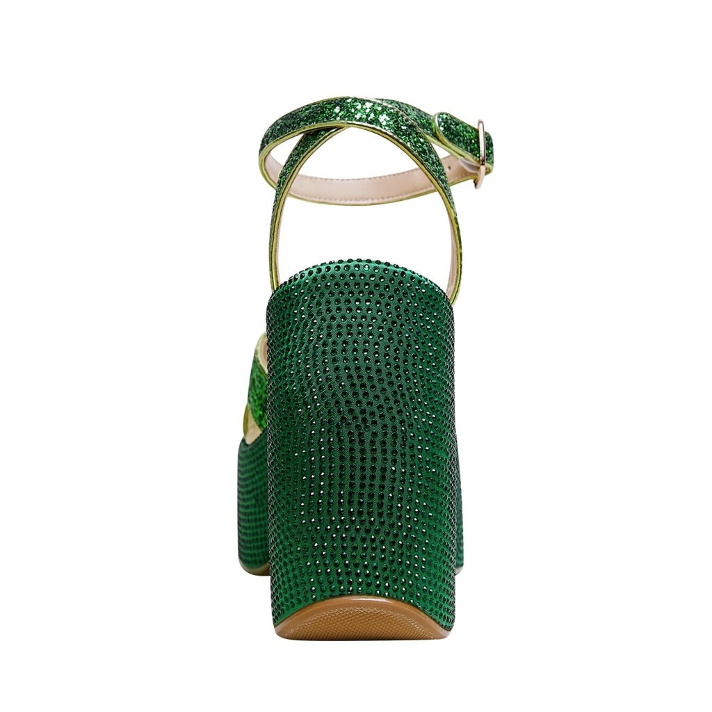 Festive Green Rhinestone Open Toe Wedge Sandals