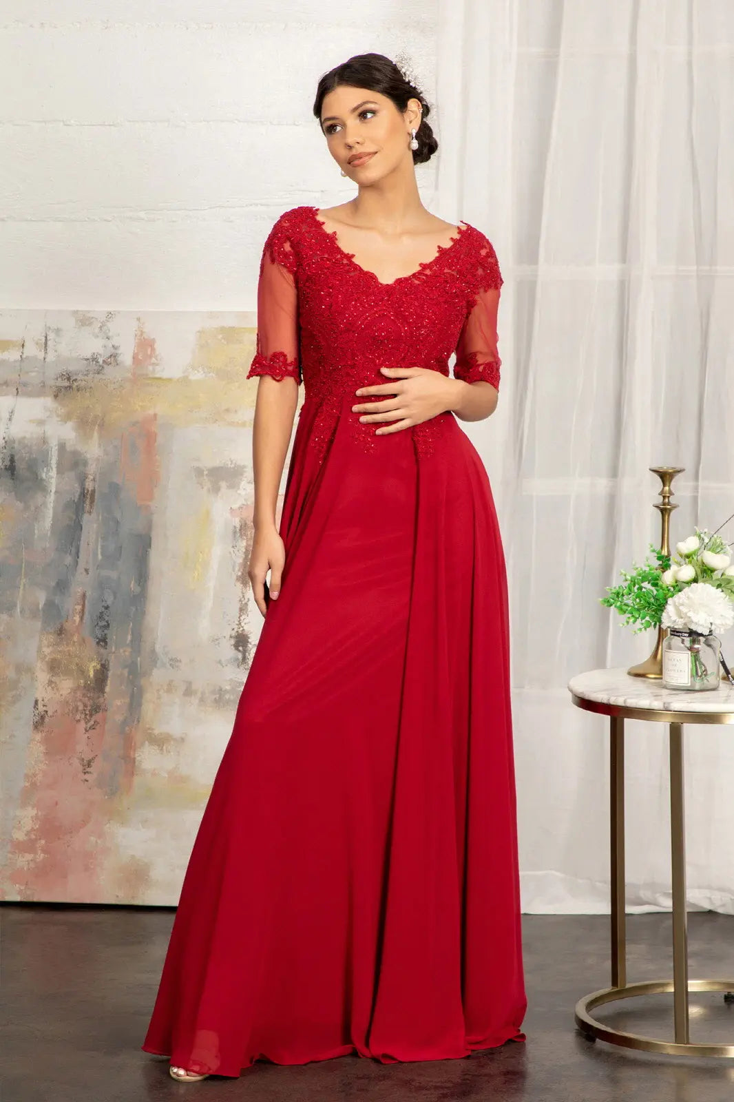 Rhinestone and embroidery embellished chiffon long dress GLGL1982
