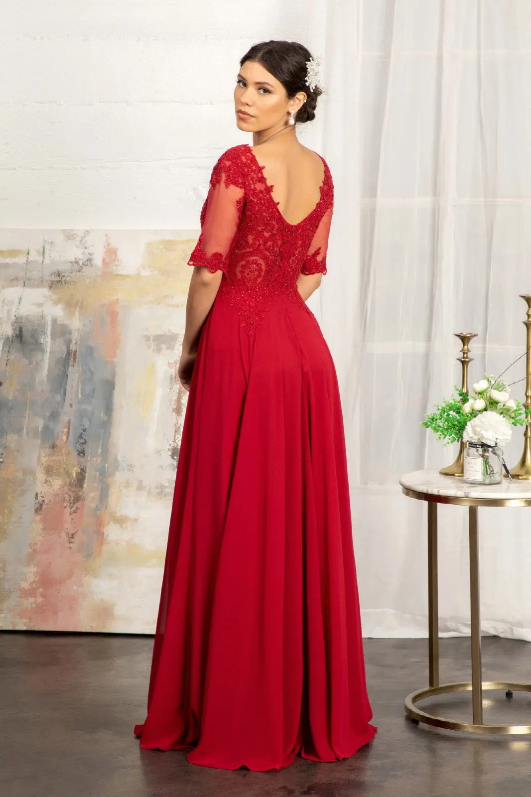 Rhinestone and embroidery embellished chiffon long dress GLGL1982