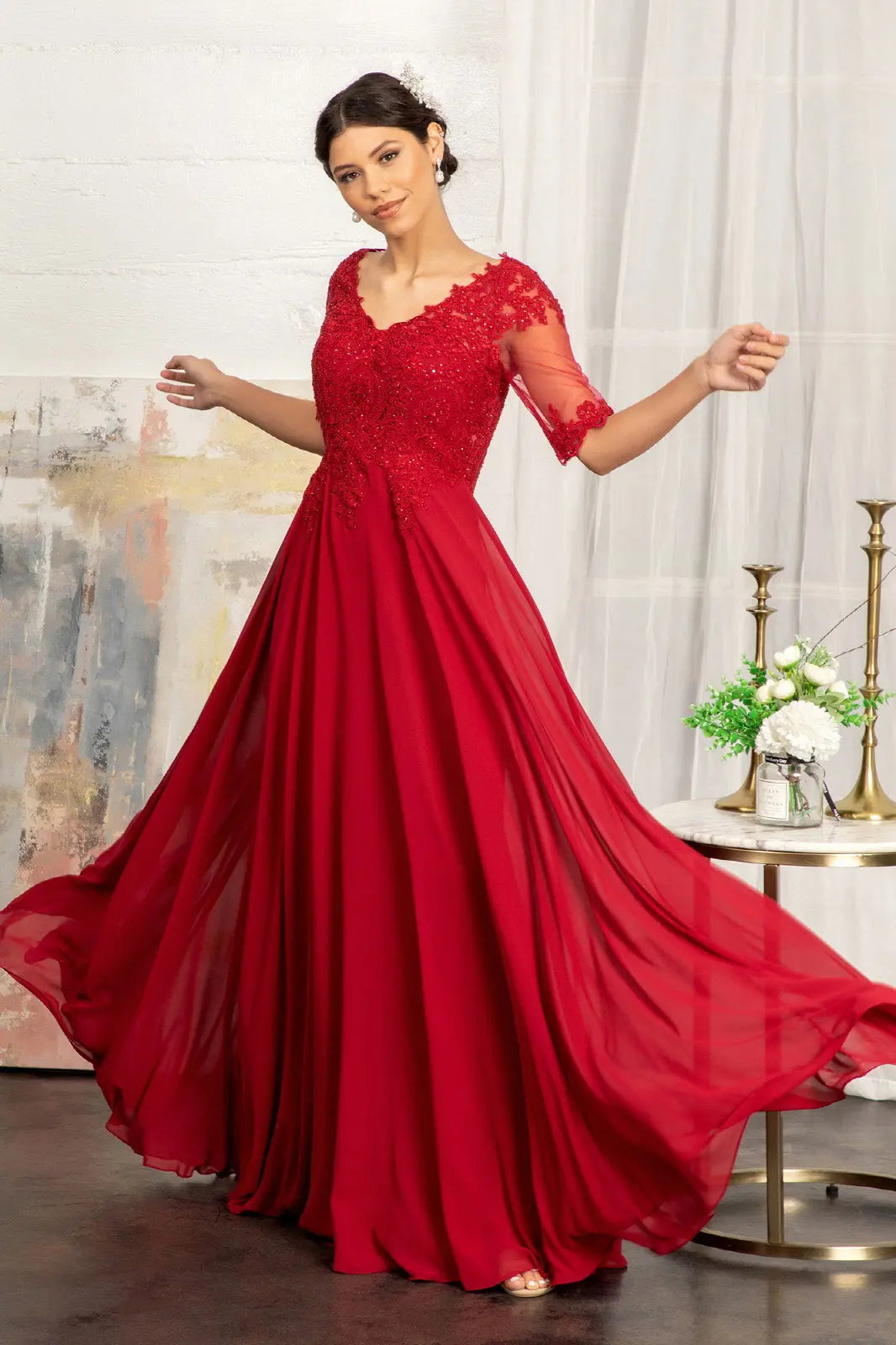 Rhinestone and embroidery embellished chiffon long dress GLGL1982