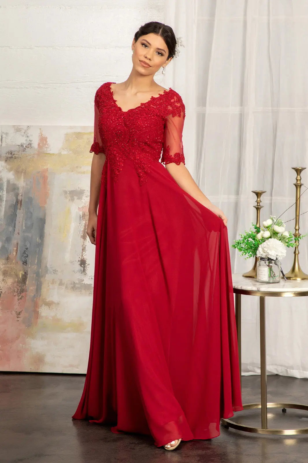 Rhinestone and embroidery embellished chiffon long dress GLGL1982