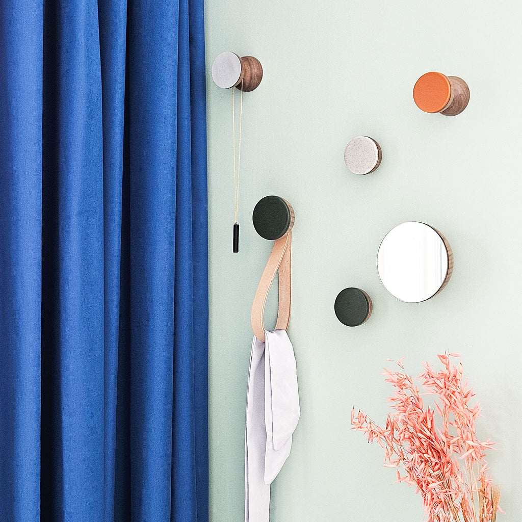 Round Walnut Wood & Ceramic Wall Mounted Coat Hook / Knob - Dark Green