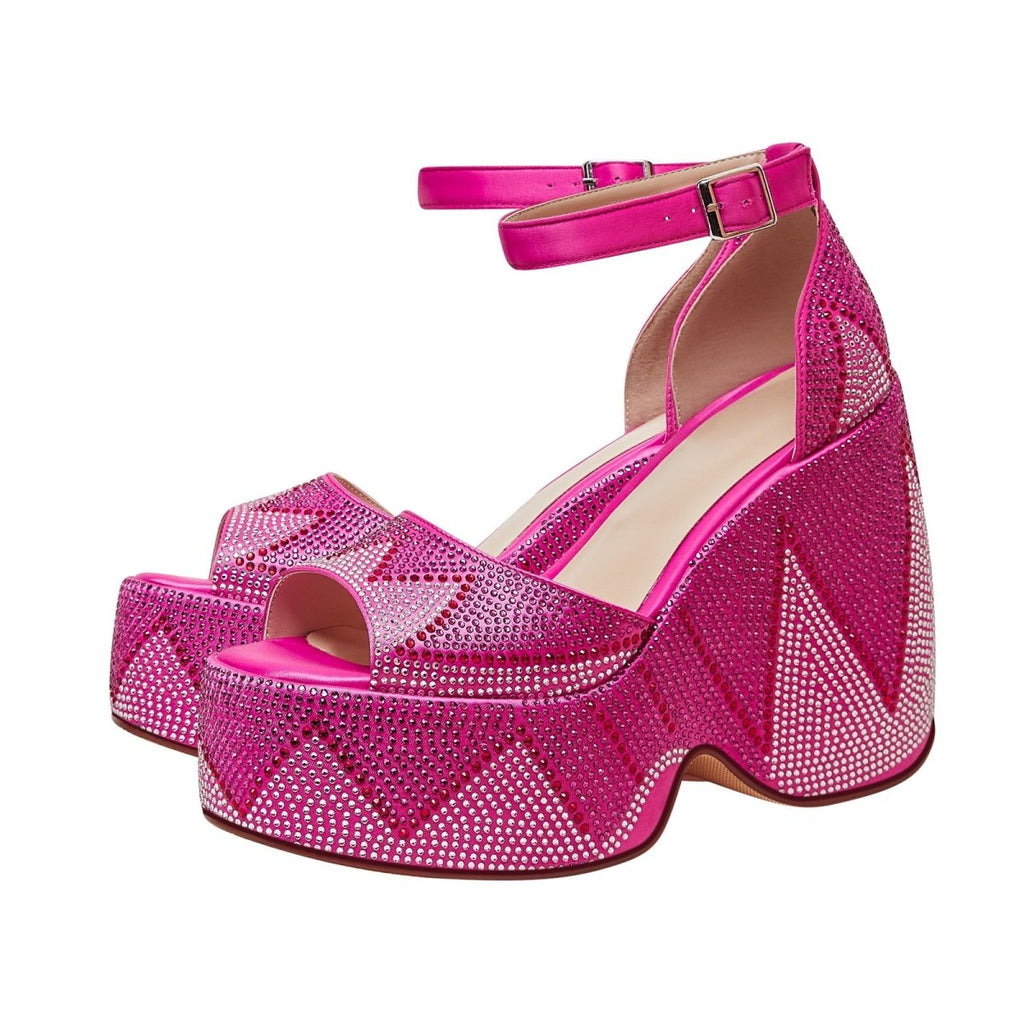 Hot Pink Rhinestone Open Toe Wedge Sandals
