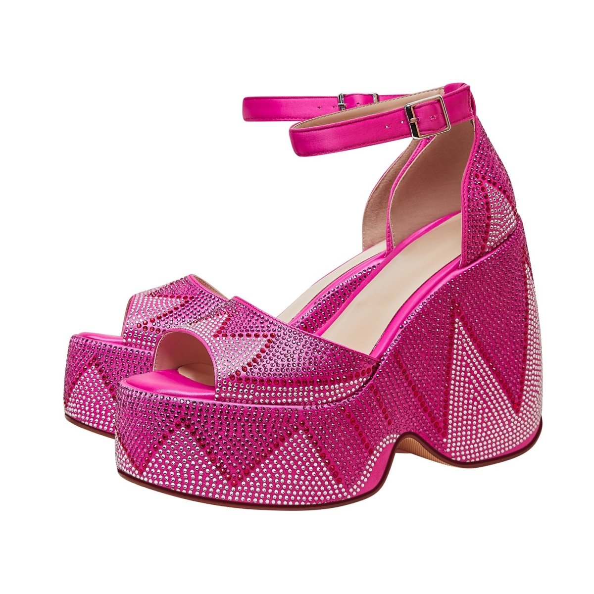 Hot Pink Rhinestone Open Toe Wedge Sandals