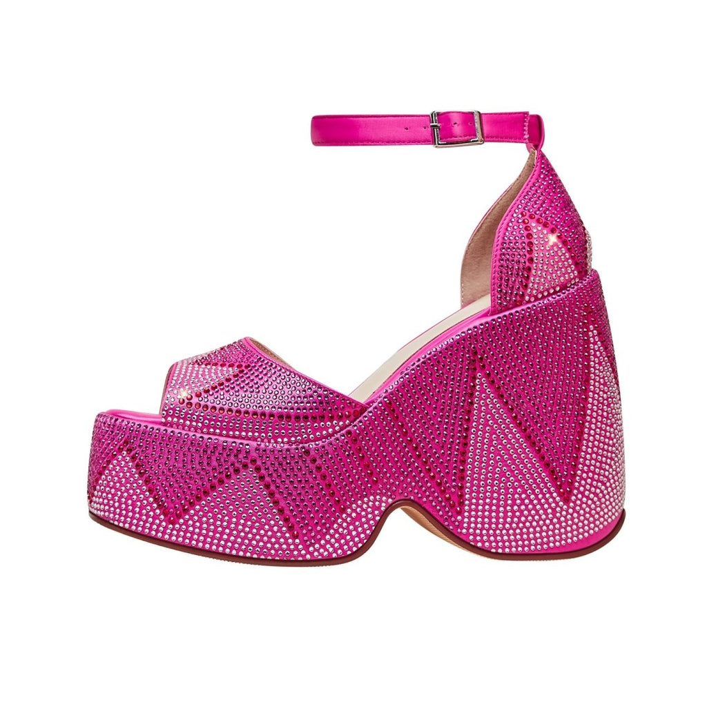 Hot Pink Rhinestone Open Toe Wedge Sandals