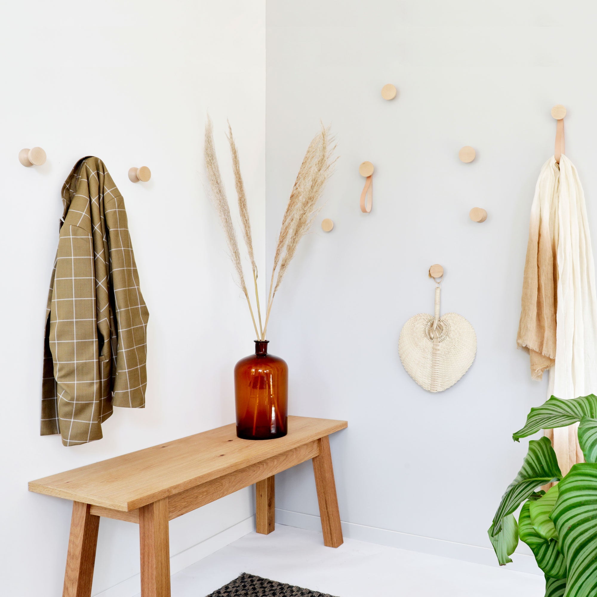 Set of Hooks - Round Beech Wood Wall Mounted Coat Hook / Hanger with Leather Strap