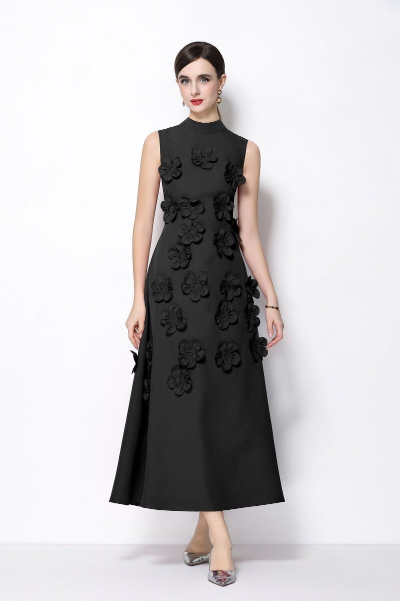Petal Luxe 3D Floral Mock Neck Maxi Dress