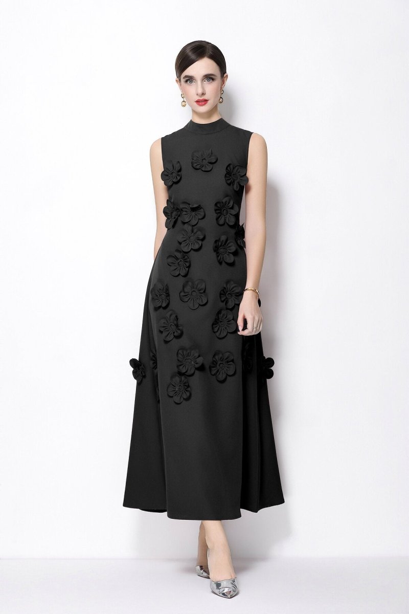 Petal Luxe 3D Floral Mock Neck Maxi Dress