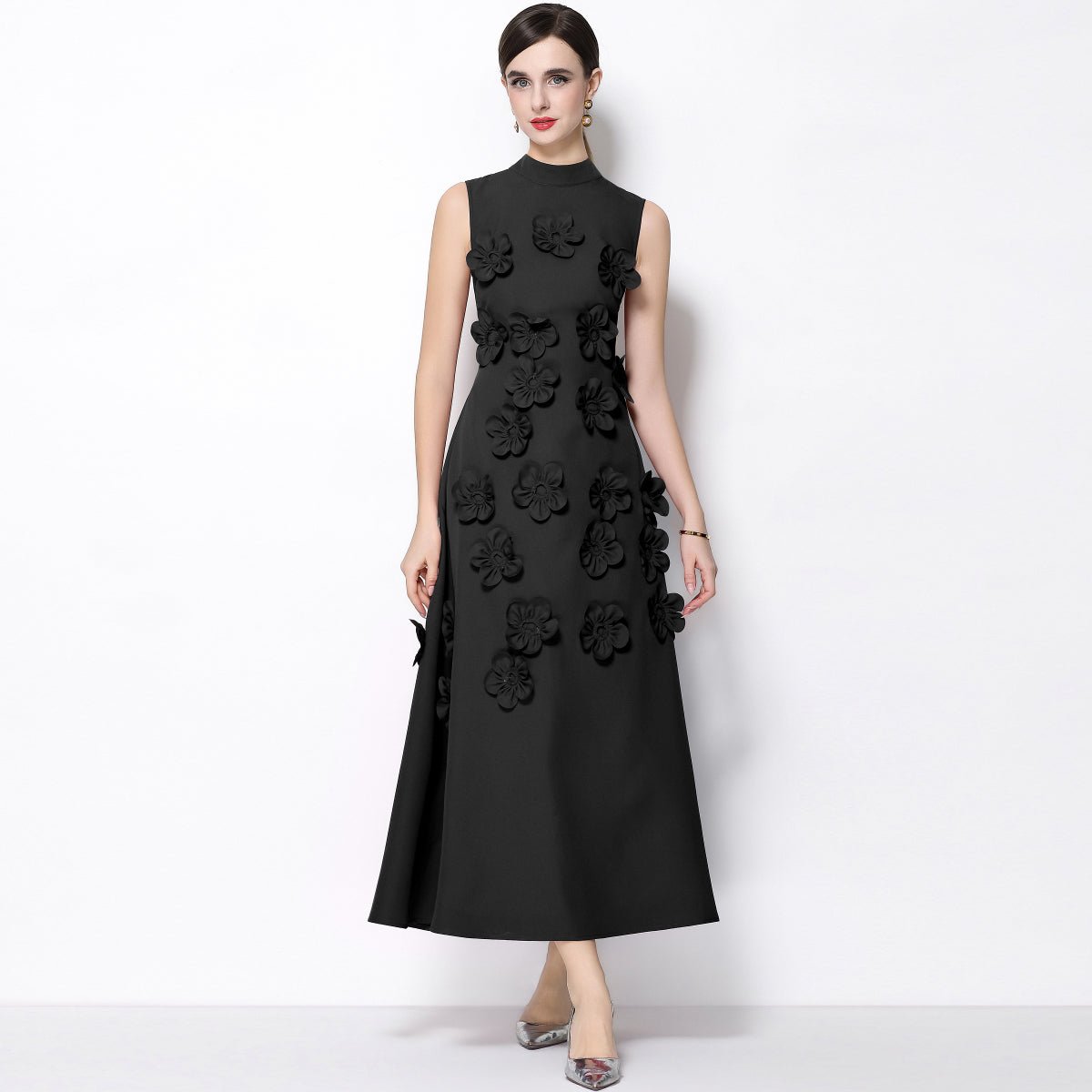 Petal Luxe 3D Floral Mock Neck Maxi Dress