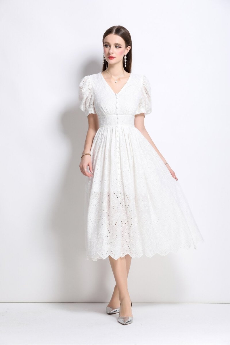 Plunging Neckline Lantern Sleeve Flowy White Maxi Dress