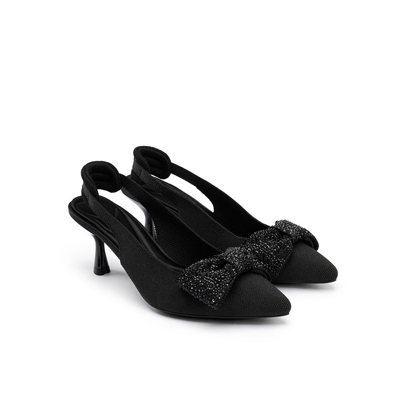 Rhinestone Bow Slingback Kitten Heels – Pointed Toe Knit Heels