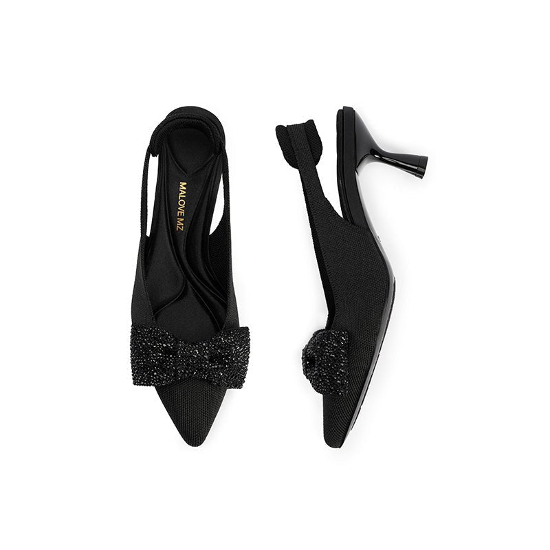 Rhinestone Bow Slingback Kitten Heels – Pointed Toe Knit Heels