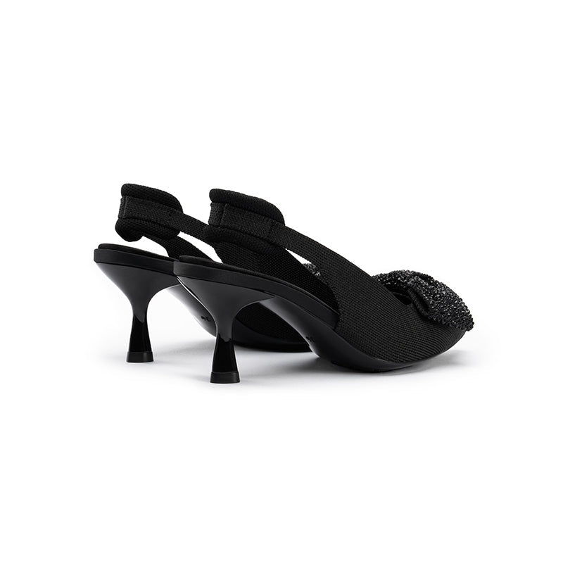 Rhinestone Bow Slingback Kitten Heels – Pointed Toe Knit Heels