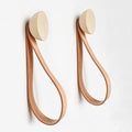 Set of Hooks - Round Beech Wood Wall Mounted Coat Hook / Hanger with Leather Strap