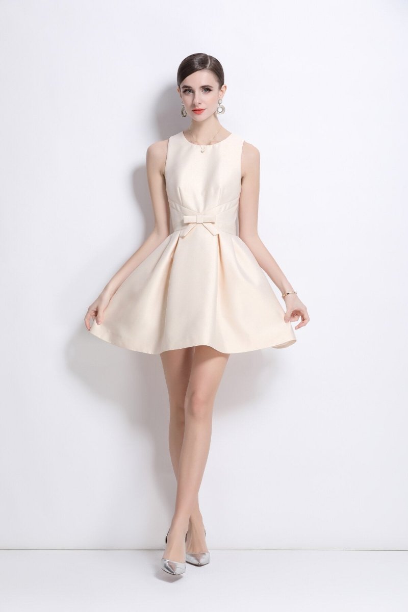 Sleeveless Bow Belt Ivory White Pleated Dress