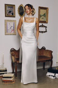 Elegant Satin Fitted Gown Bridall with Corset Lace-Up Back and Removable Sheer Scarf