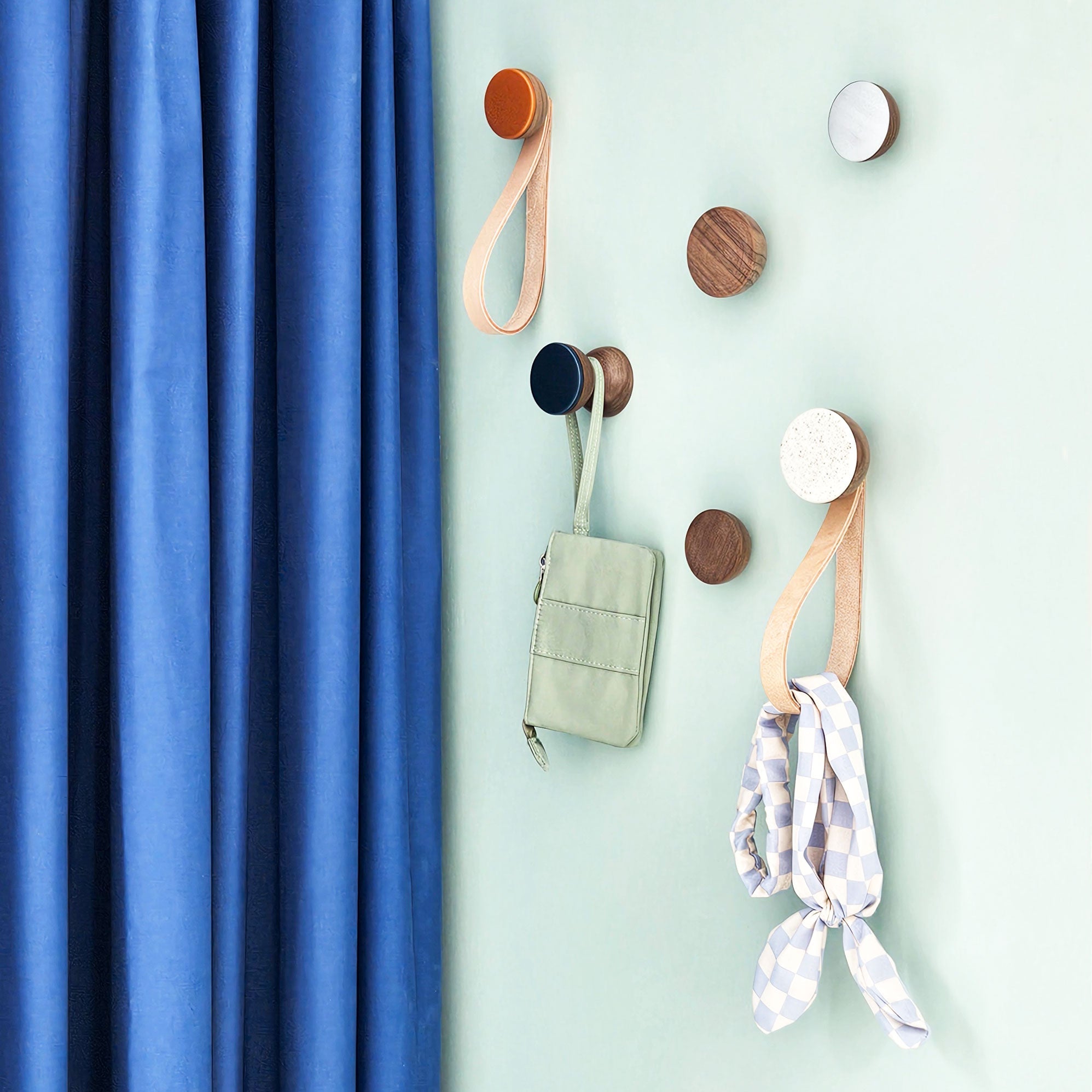 Round Walnut Wood & Ceramic Wall Mounted Coat Hook / Hanger with Leather Strap - Dark Terracotta Orange