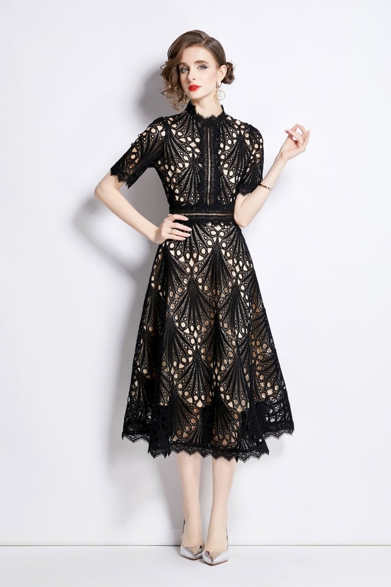 Vintage Lace Mock Neck Midi Dress