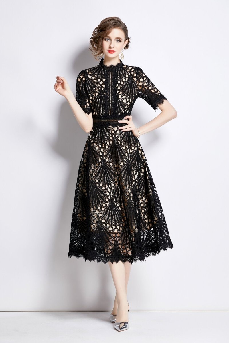 Vintage Lace Mock Neck Midi Dress
