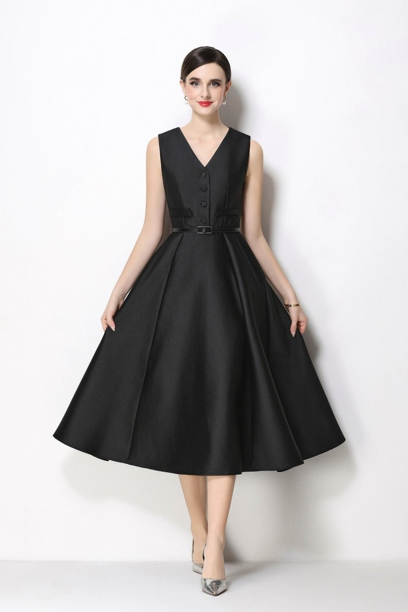 Women's Sleeveless Satin Midi Dress with Belted Waist