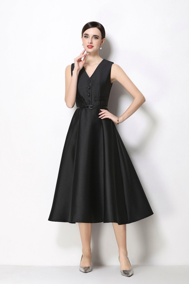 Women's Sleeveless Satin Midi Dress with Belted Waist
