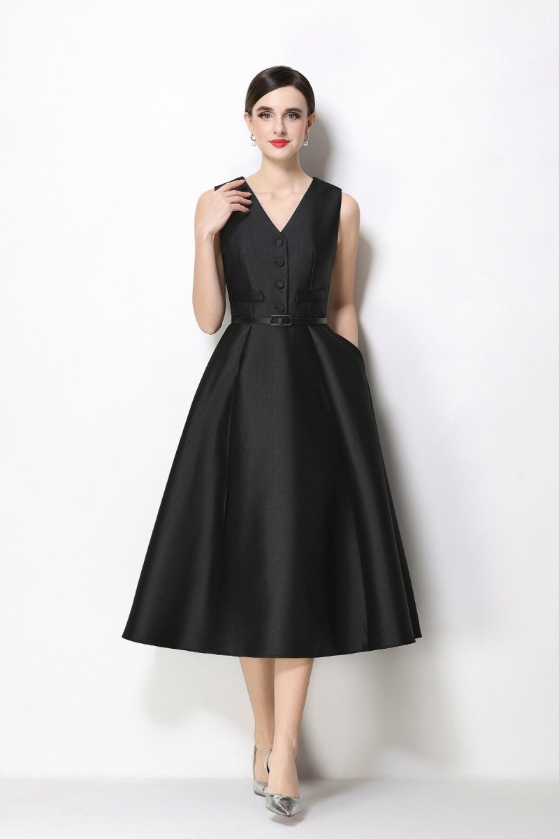 Women's Sleeveless Satin Midi Dress with Belted Waist