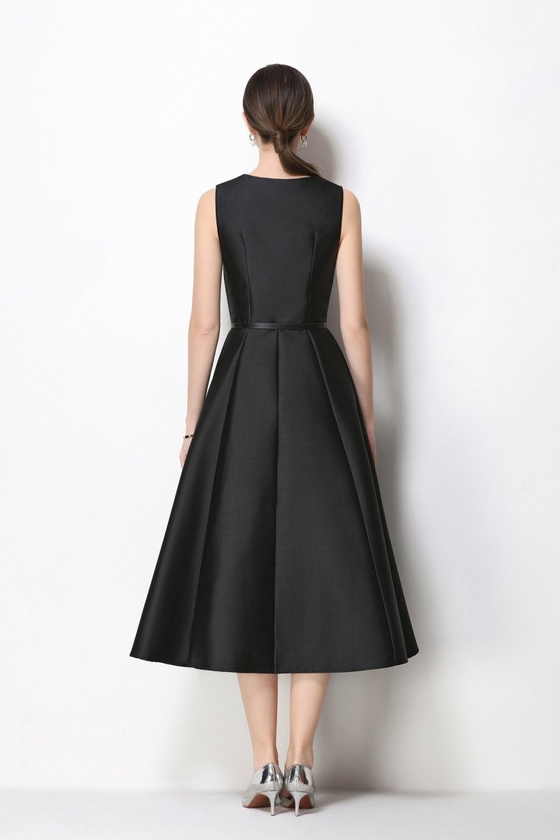 Women's Sleeveless Satin Midi Dress with Belted Waist