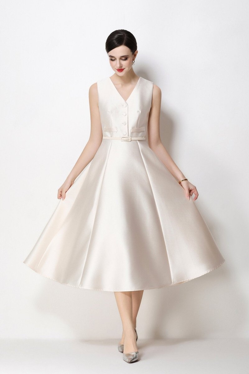 Women's Sleeveless Satin Midi Dress with Belted Waist